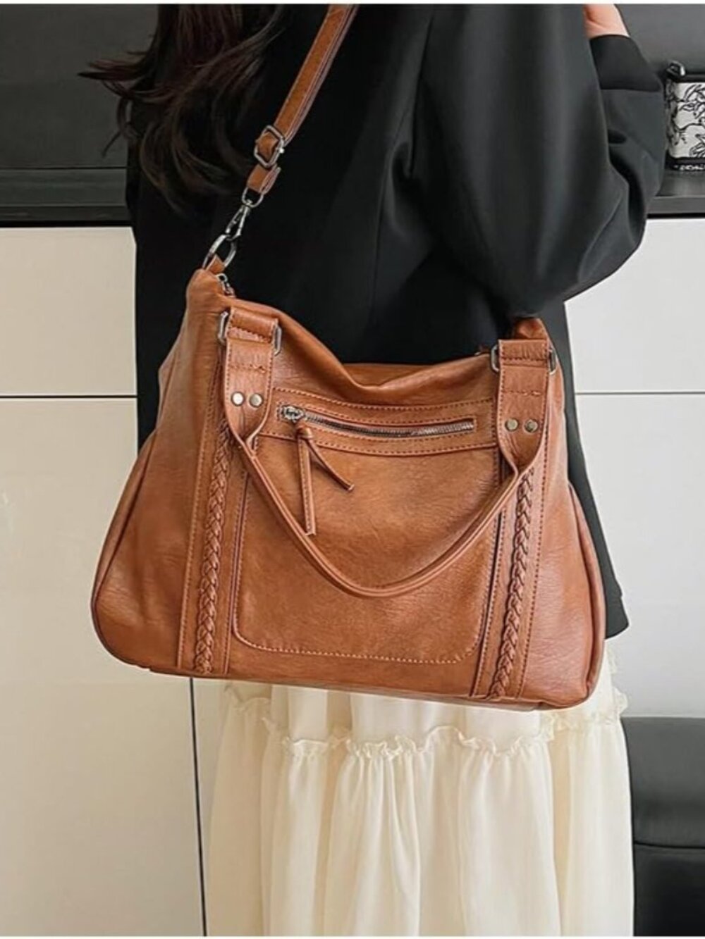 Women's Vintage Tote Bag, Retro Vegan Leather Shouler Bag Large Capacity, Trendy - Picture 4 of 7